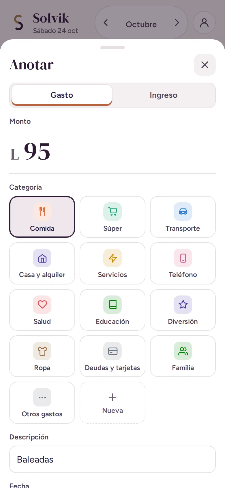 Pantalla Anotar de Solvik con L 95 y la categoría Comida elegida.