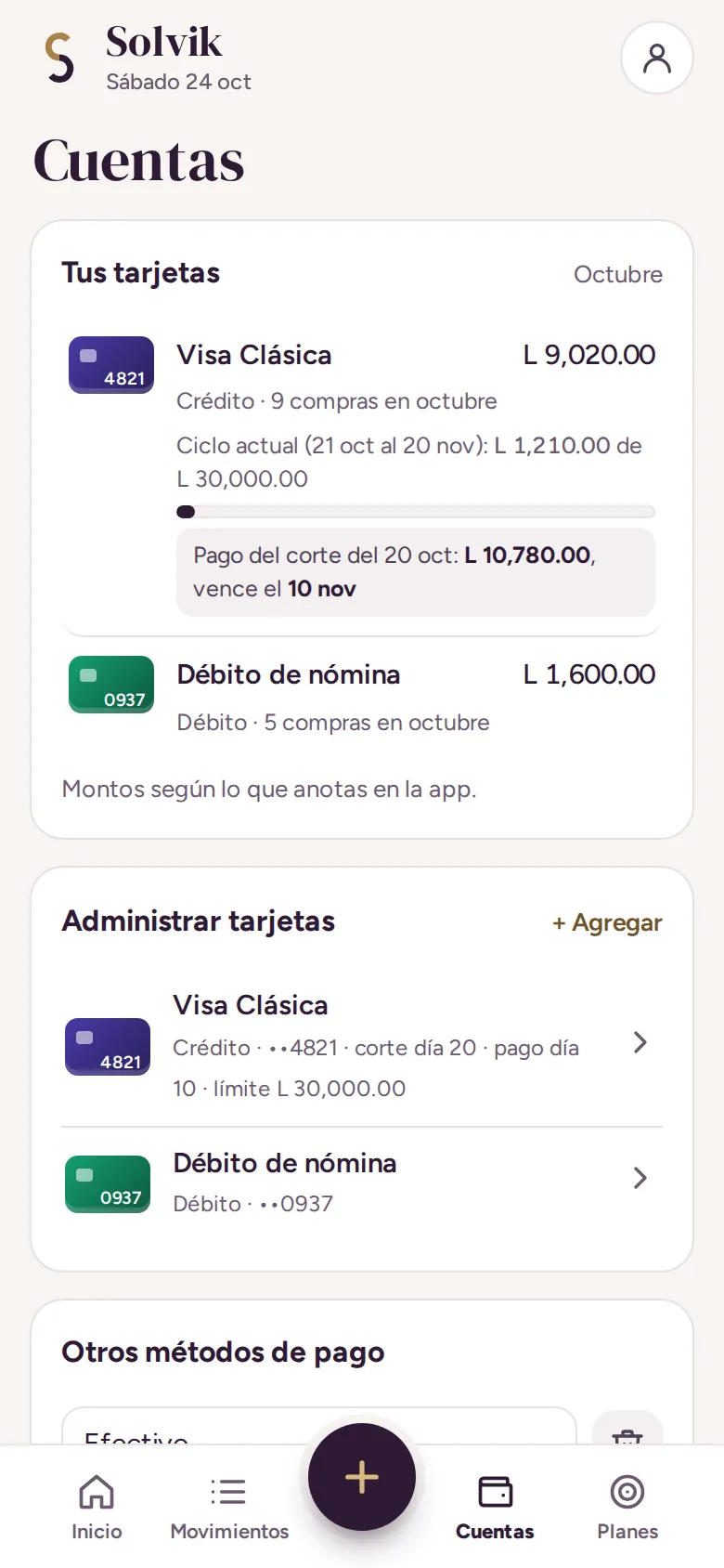 Pantalla Cuentas de Solvik: tarjeta Visa con el pago del corte de L 10,780 que vence el 10 de noviembre.
