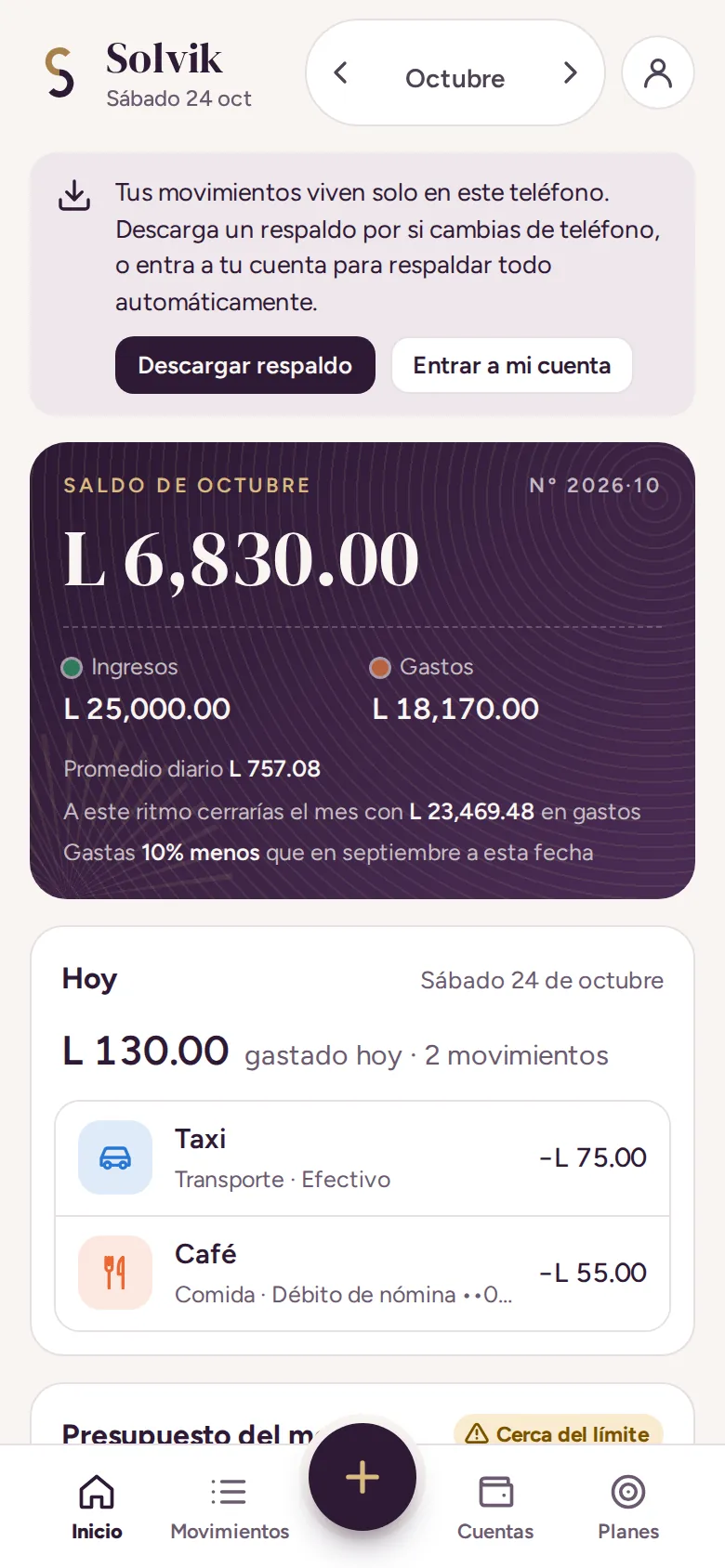 Aviso en Solvik: Tus movimientos viven solo en este teléfono. Descarga un respaldo o entra a tu cuenta para respaldar todo automáticamente.